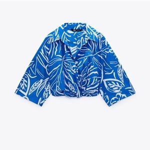 Zara Blue White Printed Cropped Blouse